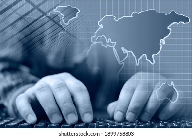 Abstract computer background with hands, keyboard and map.