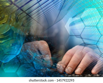 Abstract computer background with keyboard, hands and mail signs.