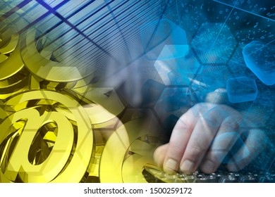Abstract computer background with keyboard, hands and mail signs.