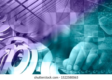 Abstract computer background with keyboard, hands and mail signs.