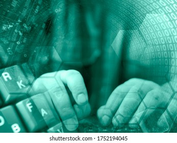 Abstract computer background with keyboard, hands and digits.