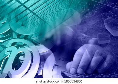 Abstract computer background with keyboard, hands and mail signs.