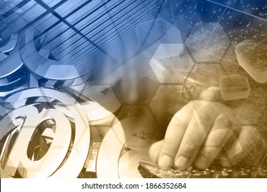 Abstract computer background with keyboard, hands and mail signs.