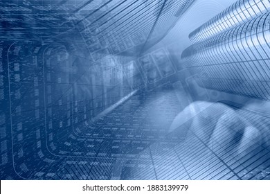 Abstract computer background with keyboard, hands and buildings.