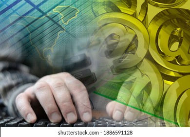 Abstract computer background with keyboard, hands and map.