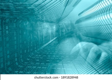 Abstract computer background with keyboard, hands and buildings.