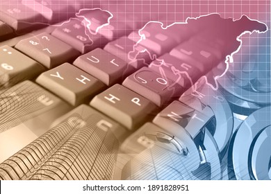 Abstract computer background with keyboard, mail signs and map.