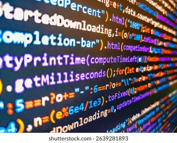 Abstract computer script code. Developer work. Developer display with source code. Computer html code on screen. Template of website, selective focus. 3d rendering. Binary code background.