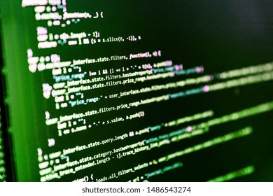 Abstract computer script  code. Digital technology on display. Programming code screen of software developer. Template of website, selective focus. Programmer developer screen. 
