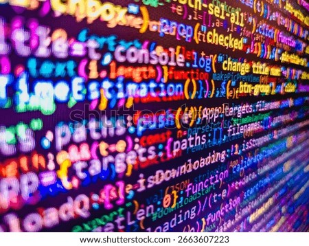 Abstract computer script  code. PHP syntax highlighted. Technology concept hex code digital background. Hi-tech modern screen of data, digits and chars on monitor. Programmer working of software