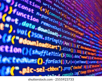 Abstract computer script code. Software source code. Assembly programming language code. Finance and economic graphs. Web server data on a monitor. Software development pattern. Code on monitor.