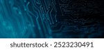 Abstract computer technology blue background banner futuristic business data technology modern concept, circuit board shape lines connecting link structure dark blue contrast.