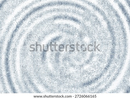 Abstract concentric ring design made from blue halftone dots on a paper-like background. Retro print texture with soft circular ripples