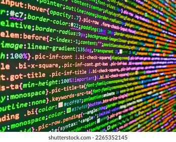 Abstract concept graphic tec. Program development concept. Lines of css code visible. Code on the computer screen. Php code on blue background in code editor