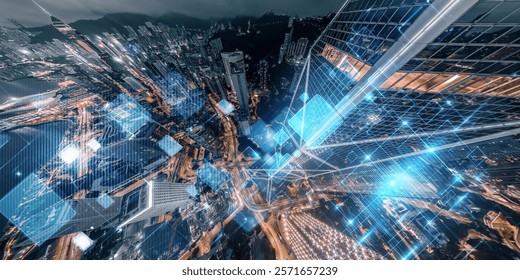 Abstract concept of Hong Kong's cityscape at night, overlaid with digital network data streams.  A futuristic vision of urban connectivity.