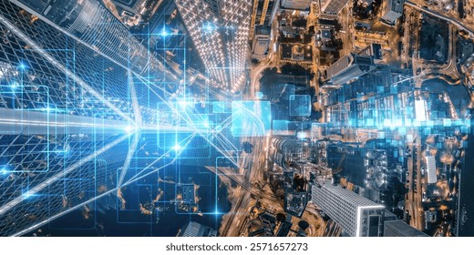 Abstract concept of Hong Kong's futuristic cityscape at night, showcasing interconnected digital networks and glowing data streams.