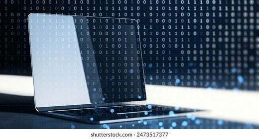 An abstract concept of a laptop with a double exposure of binary code overlay, set against a blue binary background