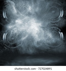 Abstract Concept Of Powerful Audio Loud Speakers Blast Out A Cloud Of Powder Particles Against Dark Background