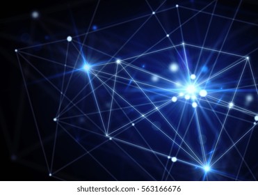Abstract Connected Dots On Bright Blue Background. Technology Concept