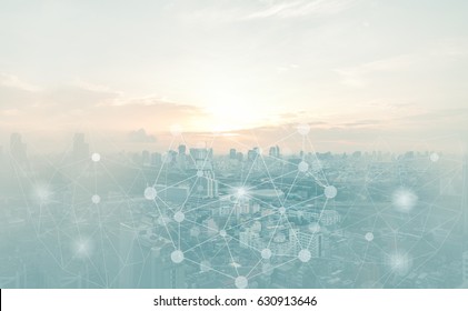 Abstract Connection Background Concept. Polygonal With Connect Dots With Blur City Business Background.