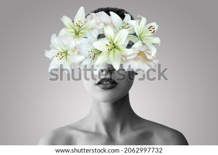 Similar – half of a girl’s face with a white lily and closed eyes