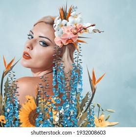 Abstract Contemporary Art Collage Portrait Of Young Woman With Flowers