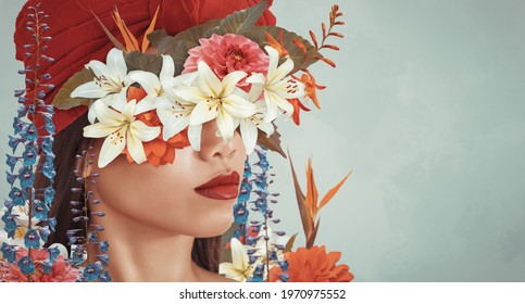 Abstract Contemporary Art Collage Portrait Of Young Asian Woman With Flowers Hides Her Face