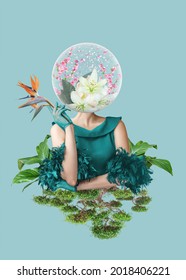 Abstract Contemporary Art Collage Portrait Of Young Woman With Flowers On Face Hides Her Eyes