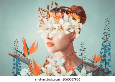 Abstract contemporary art collage portrait of young woman with flowers on face hides her eyes - Powered by Shutterstock