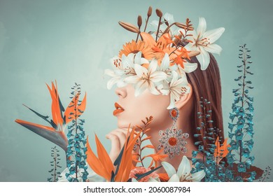 Abstract contemporary art collage portrait of young woman with flowers on face hides her eyes