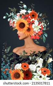 Abstract Contemporary Art Collage Portrait Of Young Woman With Flowers