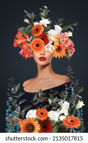 Abstract contemporary art collage portrait of young woman with flowers - Shutterstock ID 2135017815