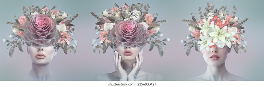 Abstract contemporary art collage portrait of young woman with flowers - Shutterstock ID 2156830427