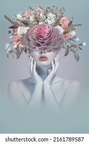 Abstract Contemporary Art Collage Portrait Of Young Woman With Flowers