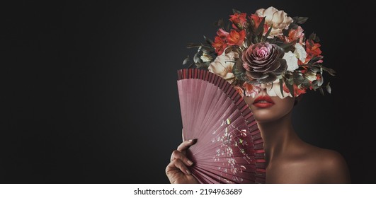 Abstract contemporary art collage portrait of young woman with flowers - Shutterstock ID 2194963689