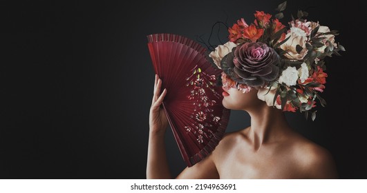 Abstract contemporary art collage portrait of young woman with flowers - Shutterstock ID 2194963691