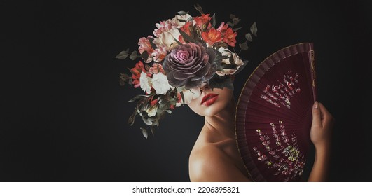 Abstract contemporary art collage portrait of young woman with flowers - Shutterstock ID 2206395821