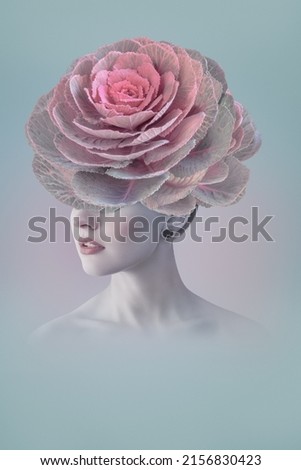Abstract contemporary art collage portrait of young woman with flowers