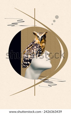 Abstract contemporary art design or portrait of young woman with bird on face without her eyes