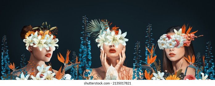 Abstract contemporary art wide panoramic collage portrait of young woman with flowers - Shutterstock ID 2135017821