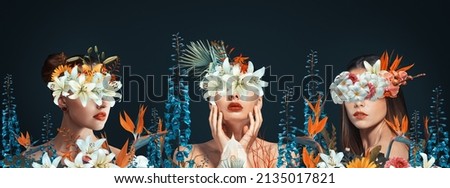Abstract contemporary art wide panoramic collage portrait of young woman with flowers