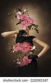 Abstract contemporary surreal art collage portrait of young woman with flowers - Shutterstock ID 2220301187