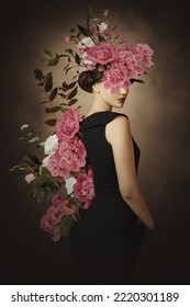 Abstract contemporary surreal art collage portrait of young woman with flowers - Shutterstock ID 2220301189