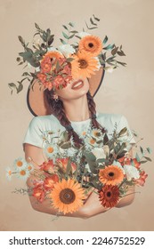Abstract contemporary surreal art collage portrait of young woman with flowers