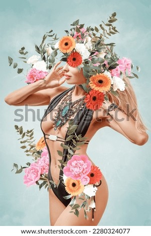 Abstract contemporary surreal art collage portrait of young woman in swimsuit with flowers