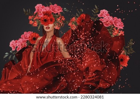 Abstract contemporary surreal art collage portrait of young woman with flowers hides her face and petals flying by wind over dark gray background
