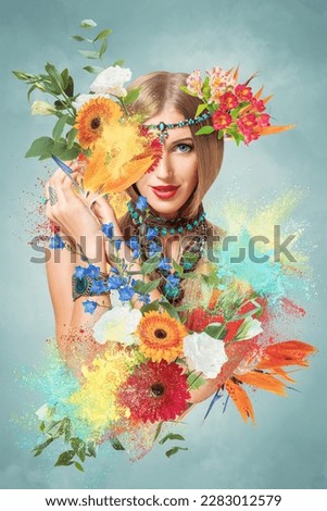 Abstract contemporary surreal art collage portrait of young woman with flowers and burst color powders around her head