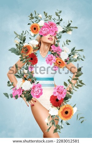Abstract contemporary surreal art collage portrait of young woman in swimsuit with flowers