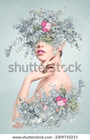 Abstract contemporary surreal art collage portrait of young woman with flowers