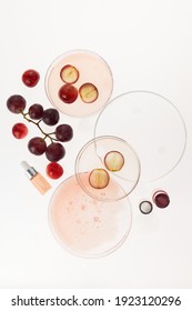 Abstract cosmetic laboratory. Organic bio cosmetic with grapes seeds oil and herbal ingredients. Top view